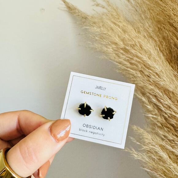 NEW ANTHROPOLOGIE JaxKelly 18kt Gold Obsidian Stone Natural Gemstone Earring - Picture 2 of 7